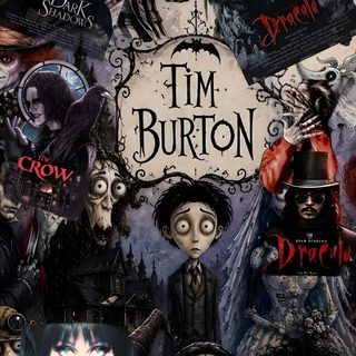 a collage of halloween images with creepy faces and characters on them, including the words tim burton Tim Burton Halloween dark slate gray