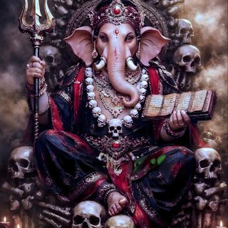 an elephant statue sitting on top of a pile of skulls and holding a book in its trunk Ganesh Halloween Dark Ganesha, Ganesh Black, Black Ganesh, Black Ganesha, Ganesha Black, dark slate gray