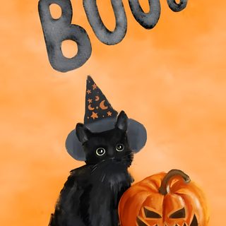 a black cat wearing a witches hat sitting next to a pumpkin Cute Retro Style Halloween Black Cats sandy brown