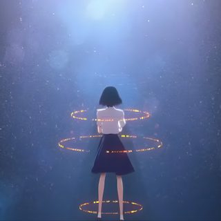 a woman standing in the middle of a circle with lights on her head and arms Suzu Halloween Suzume Ever After, Suzu Halloween, Belle Anime Suzu, Suzume Lyrics In English, dark slate gray