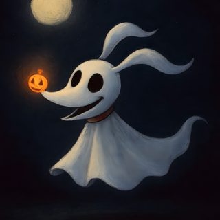 a painting of a ghost with a pumpkin in it's mouth Zero Halloween Nightmare Before Christmas Ghost, Ghost In Nightmare Before Christmas, Ghost From Jack Skellington, black
