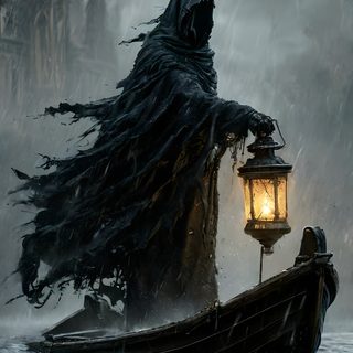 a person in a boat with a lantern on it Grim Reaper Halloween Harvester Of Sorrow, Dark Grim Reaper Tattoos, Gothic Fantasy, Grim Dark, dim gray
