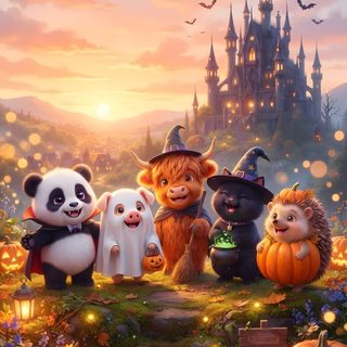 a group of animals that are standing in the grass with pumpkins and witches around them Halloween Animal indian red