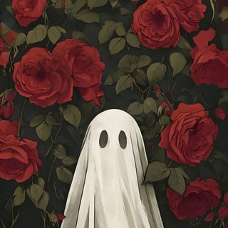 a painting of a ghost surrounded by red roses Halloween Ghost For Bedroom Ghost Iphone Aesthetic, Iphone Ghost, Phone Spooky Aesthetic, dark slate gray