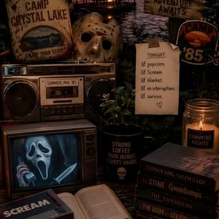 there are many books and movies on the table with signs in front of them that read, Camp Crystal Lake Halloween Horror Screen, Cool Horror, Fall Iphone Collage, black
