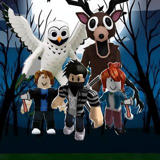 an animated halloween scene with three people and two owls Halloween Roblox Forest Party, Spongebob, Forest, black