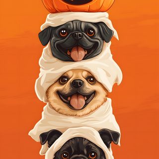 three pug dogs stacked on top of each other in front of an orange background Halloween Pug Iphone Cute Halloween Dog Cartoon, Dog Pumpkin, Fall Pug, Halloween Pug, chocolate