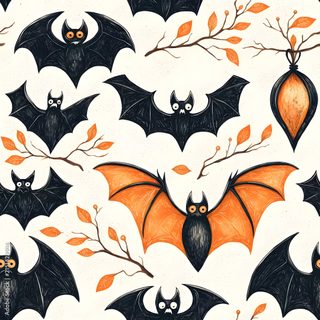 bats and bats with orange leaves on them are depicted in this halloween themed wallpaper Vintage Bats For Halloween Fabric And floral white