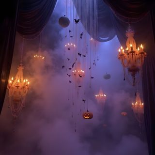 a room filled with lots of chandeliers hanging from the ceiling and surrounded by clouds Halloween Chandelier dark slate gray