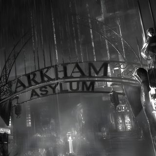 an arch that reads arkham asym in the rain Arkham Halloween Arkham Asylum Gate, Arkham Asylum Pictures, Batman Arkham Asylum Stairs, dark slate gray