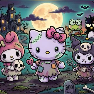 an image of hello kitty and her friends in the cemetery at halloween time metal print Hello Kitty Halloween Laptop dark slate gray