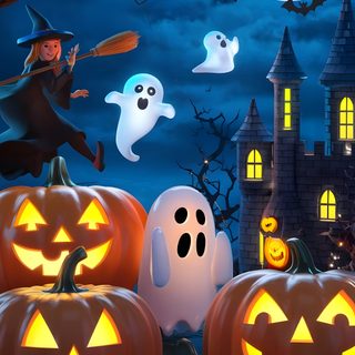 halloween pumpkins and ghost in front of a castle Halloween For Kids Room Temporary Decorating, Friendly Ghost, Halloween Inspiration, dark slate gray