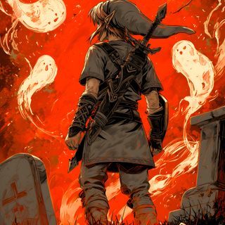 a man standing in front of a cemetery with pumpkins on the ground and an orange sky behind him Legend Of Zelda Halloween Zelda Halloween, Fondos De Pantalla Para Samsung Galaxy, Link Halloween, saddle brown