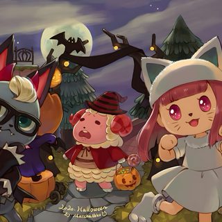 a group of cartoon characters dressed up as witches and cats in front of pumpkins Acnh Halloween Acnh Mabel Sisters, Fall Animal Crossing Villagers, Animal Crossing Halloween Fanart, dim gray