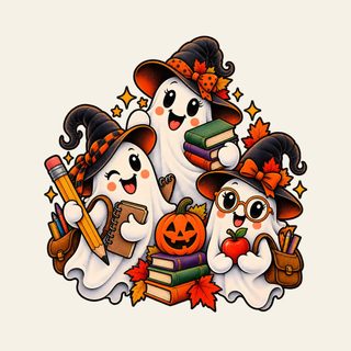 three snowmen with books and pumpkins on their heads are surrounded by autumn leaves Halloween Teacher linen