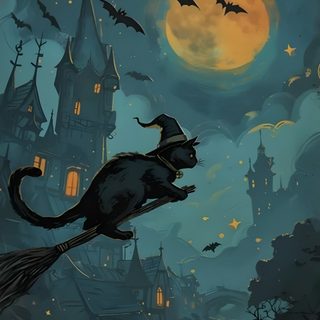 a black cat flying through the air on top of a broom in front of a castle Vintage Halloween- Bobcats Castle Halloween Cat Background, Halloween Halloween Black Cat, Halloween Cat Aesthetic, dark slate gray
