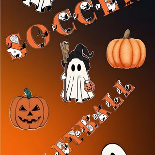 an image of halloween stickers with ghost and pumpkins in the air on orange background Halloween Soccer Halloween, Dogs, saddle brown