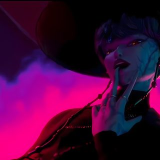 a woman wearing a black hat and holding a cell phone to her ear while standing in front of a purple background Baby Saja Halloween Saja Boys Kpop Demon Hunters Baby, Baby Kpop Demon Hunters, Baby Saja Laptop, black