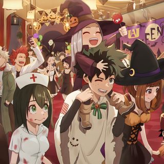 an anime scene with many people dressed up in costumes and holding hands behind their backs My Hero Academia Halloween Mha Halloween, Hero Halloween, My Hero Academia Halloween, sienna