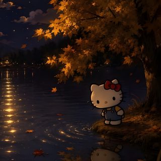 hello kitty standing on the edge of a lake at night Hello Kitty Y2k Halloween Hello Kitty October, Hello Kitty Autumn, October, Hello Kitty Hd, black