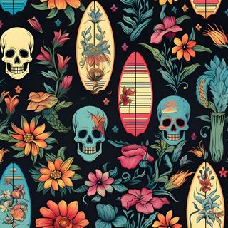 skulls, flowers and surfboards on a black background Halloween Tropical Summer Skull, Summer Spooky, Spooky Summer, dark slate gray