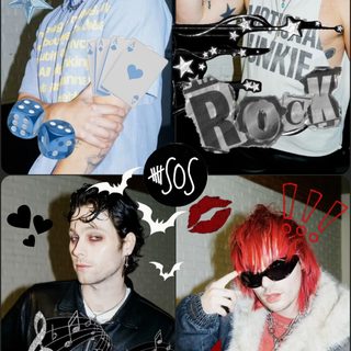 four different pictures of two men and one woman with red hair, wearing punk clothing 5sos Halloween 5 Seconds Of Summer, 5sos Phone Case, 5sos Lockscreen, 5sos Collage, 5sos Concert, dim gray