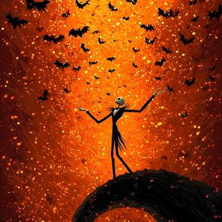 a painting of a person standing on top of a hill with bats in the sky Halloween Jack Skeleton This Is Halloween Nightmare Before Christmas, Fall Nightmare Before Christmas, Halloween Nightmare, maroon