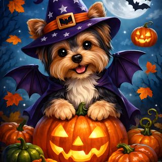 a painting of a dog wearing a witches hat and sitting on top of a pumpkin Yorkie Halloween Halloween Animals, Halloween, Animals, dark slate gray