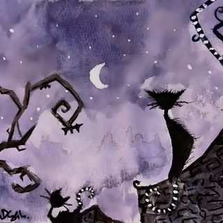 a painting of cats on a roof with the moon in the background Purple Halloween Ipad Pc Whimsy Goth, Plum Purple Aesthetic, Pc Drawing, Bg Cover, gray