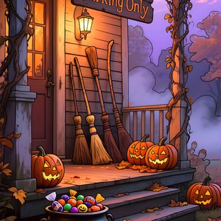 an animated halloween scene with pumpkins and witch's caulder on the porch Halloween Illustration Spooky Summer, Halloween Fall, Hallway Pictures, Halloween Cute, dark olive green