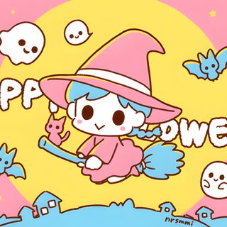 a cartoon character flying through the air with a cat on it's back and skulls around Kawaii Halloween Gif Halloween Cute Cartoon, Kawaii Halloween Gif, Cute Halloween Gif, peach puff