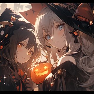 two girls dressed up as witches with pumpkins Anime Halloween Pc Halloween, Halloween Pc Background, Halloween Pc, Halloween Cats Laptop, dark olive green
