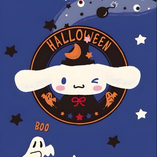 an image of a halloween scene with pumpkins and ghost Cinnamon Roll Halloween Sanrio Halloween, Cinnamoroll Halloween, Cute Panda, Holiday, Sanrio, dark slate blue