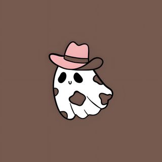 a cow with a hat on it's head in the middle of a brown background Halloween Cowgirl Cartoon Ghost Design, Cute Ghost Drawing Inspiration, Cute Ghost With Cowboy Hat, dim gray