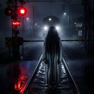 a person standing on train tracks in the rain at night with red traffic lights behind them Halloween Ghost Train Creepy Art, Scary Stories, Ghost, Halloween, black