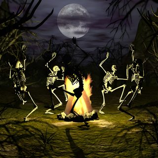 skeletons dancing around a campfire in the woods at night with full moon behind them Halloween Dancing Skeleton Free 3d, Dance, Traditional Witchcraft, Skeleton Dance, Halloween Vintage, black