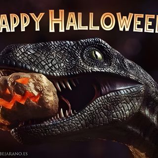 an image of a happy halloween card with a dinosaur holding a pumpkin in it's mouth Halloween Dinosaur Hd Jurassic Park, Jurassic World, Godzilla, Happy Halloween, Halloween, black