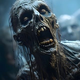 a creepy looking creature with its mouth open and long hair hanging from it's head Halloween Zombie Horror Zombie, Craneos Tatto, Zombie Art Realistic, Zombie Portrait, dark slate gray