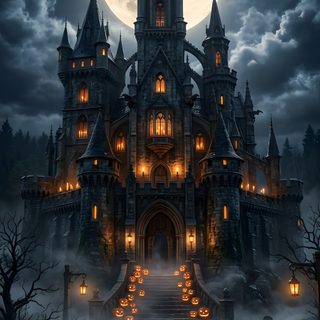 a castle with pumpkins in front of it at night Halloween Hd Free dark slate gray