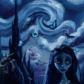 a painting of a girl with long hair and blue eyes standing in front of a night sky Halloween Iphone Corpse Bride Tim Burton Animation, Emily Corpse Bride, Tim Burton Corpse Bride, midnight blue
