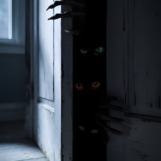 a creepy looking cat peeking out from behind a door Halloween Monsters black