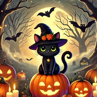 a black cat wearing a witches hat sitting on top of pumpkins in front of a full moon Happy Halloween 2025 Cute Halloween Pictures, Halloween Live, Happy Halloween Pictures, dark olive green