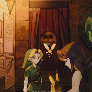 an image of two people standing in front of a clock and another person looking at the clock Halloween Zelda Majoras Mask Forest, Majoras Mask All Masks, Young Link Majoras Mask, maroon