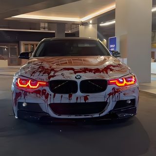 a car with blood all over it parked in a parking garage Halloween Car Bmw Wrapped, Red And White Bmw, M5 Wrap, Bmw Painting Ideas, Bmw Wrap, dark slate gray