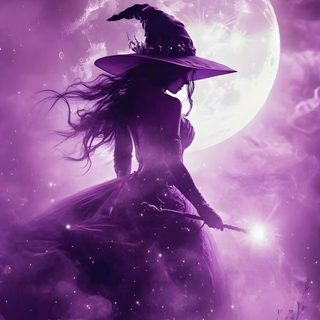 a woman in a witch costume is standing on a hill Halloween Purple Witch Purple Halloween Art, Purple Moon Halloween Art, Purple Witch Background, dark slate blue