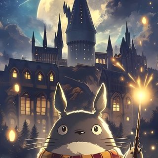a cartoon character holding a wand in front of a castle at night with the moon behind it Totoro Halloween Totoro Image, Image Totoro, Totoro Halloween, Totoro, Studio Ghibli Totoro, dark slate gray