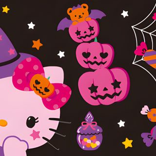 a halloween scene with pumpkins, cats and bats on a black background is featured in this image Cute Hello Kitty Halloween Gif Halloween Hello Kitty Computer, Sanrio Halloween Laptop, Colorful Hello Kitty Pumpkins, black