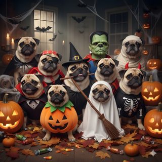 a group of pug dogs dressed up as witches and pumpkins with jack - o'- lanterns in the background Halloween Pug Halloween Pug, Pug Halloween, Halloween Pug Background, Black Pug Halloween, dark olive green