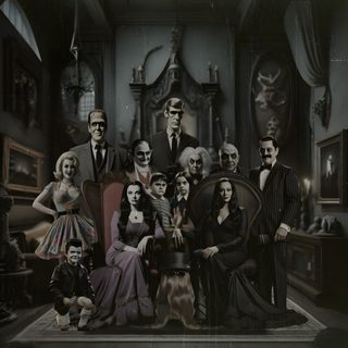 a group of people are posing for a photo Halloween Family Cameos Addams Family House, Classic Horror Movies Monsters, Ghost Rider, black