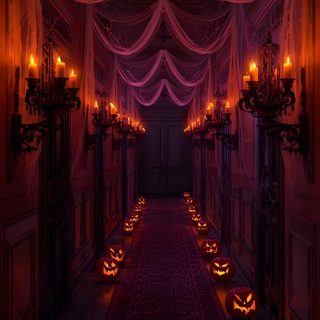 a long hallway with pumpkins lit up in the middle and candles on either side Halloween Hallway Halloween Outside, Luxury Christmas Decor, Halloween Ball, Creepy Decor, black